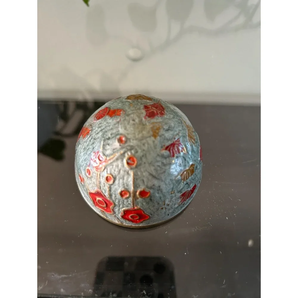Floral Cloisonne Egg Trinket Box with Brass Stand